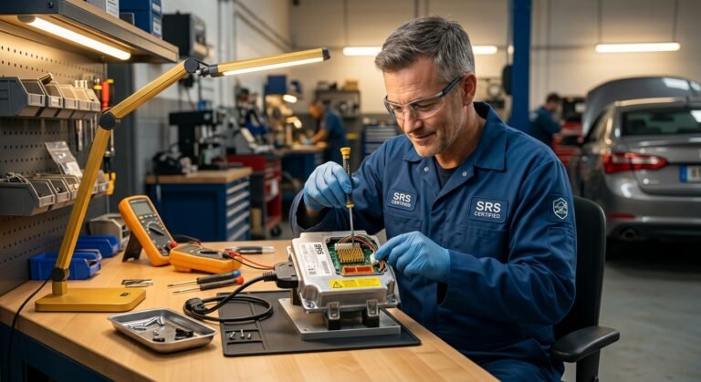Technician resetting an SRS airbag module in a professional garage, close-up of control module and tools
