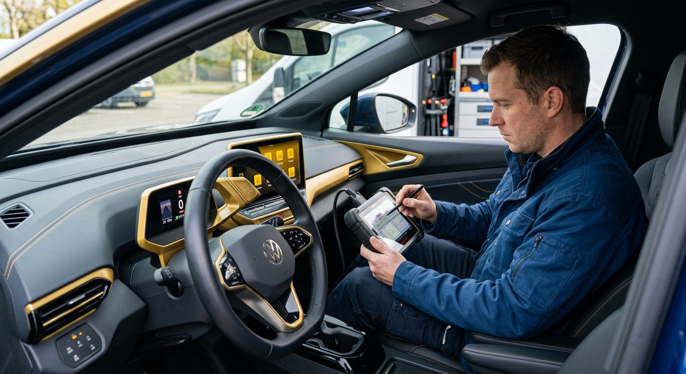 Mobile technician scanning a vehicle for SRS airbag codes during a mobile service visit