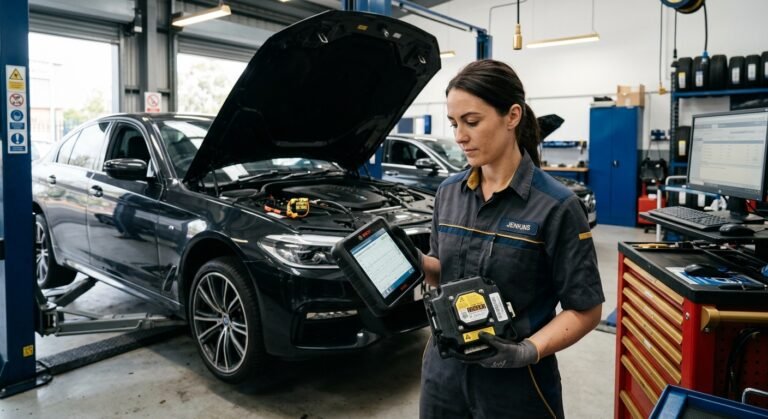 Technician holding an SRS airbag module and scanner for SRS airbag module reset service