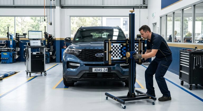 Technician setting up ADAS calibration targets in front of a vehicle for ADAS calibration.
