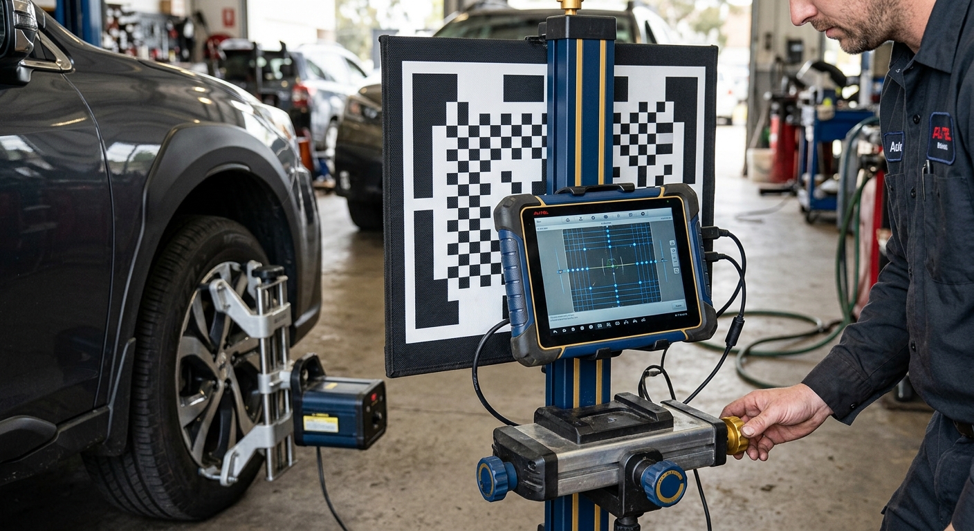 Autel-style ADAS calibration tablet and target mounts used during mobile calibration.