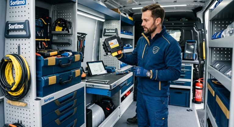 Technician holding an airbag control module in a service van, ready for replacement or reset