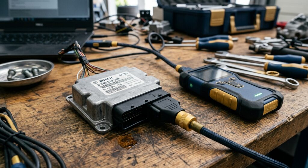 Close-up of airbag control module connected to a diagnostic scanner on a workbench