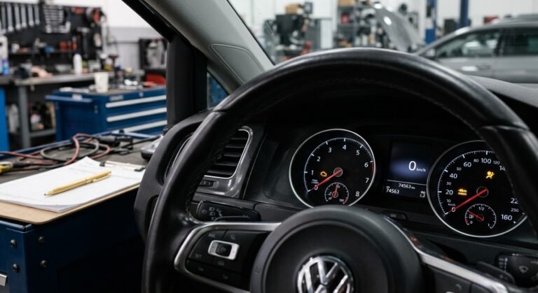 Car dashboard showing airbag light illuminated after an accident, professional safety repair context.
