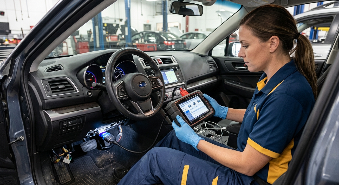 Technician diagnosing airbag system with an SRS scan tool inside a car.