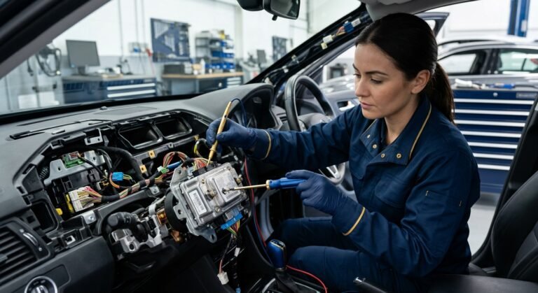 Technician diagnosing airbag light on dashboard after a minor accident