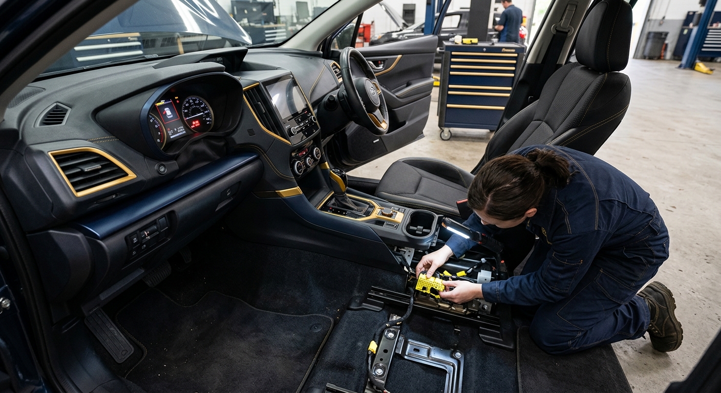 Technician inspecting seat connectors with airbag light illuminated