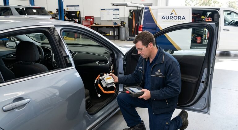 Technician checking an airbag control module with airbag light warning on dash