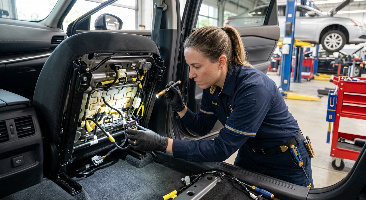 Technician inspecting under-seat connectors and occupancy sensor for airbag system