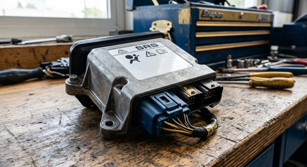 Closeup of SRS airbag control module on bench during reset process