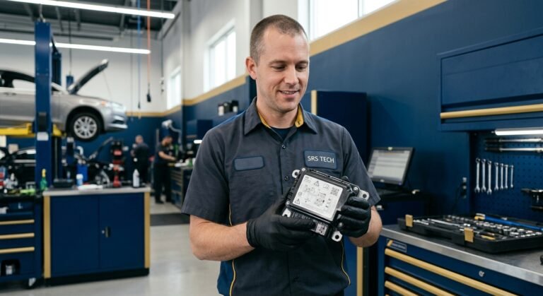 Technician holding an airbag control module showing the module label and part number