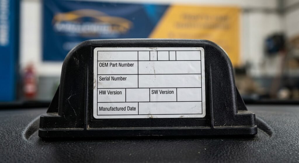 Close-up of an airbag module label showing OEM part number and software/hardware versions