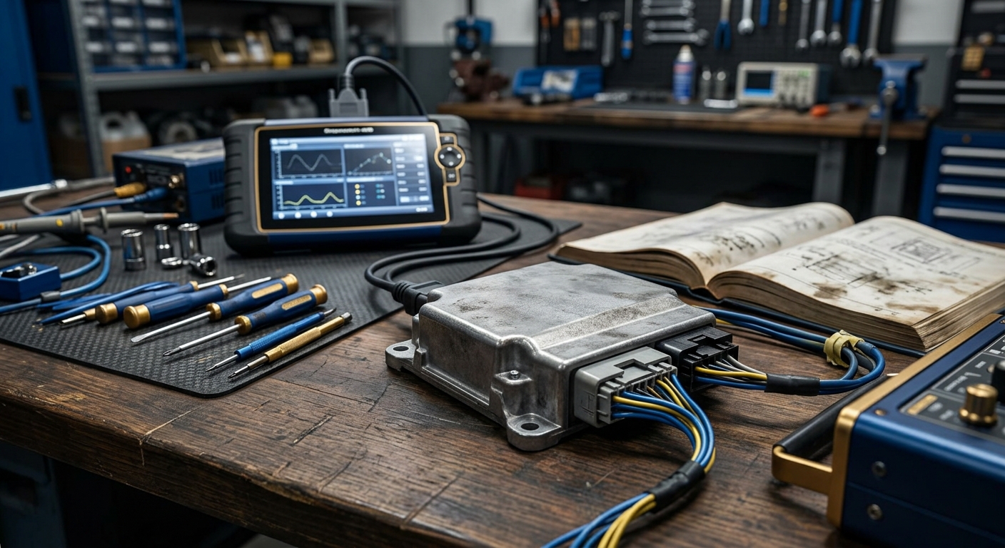 SRS airbag control module on a workbench with diagnostic tools.