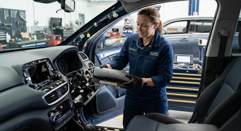 Technician examining an SRS airbag module for water damage inside a car
