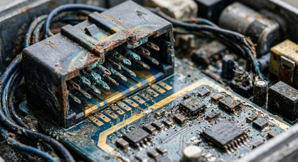 Close-up of corroded connector pins on an airbag module PCB
