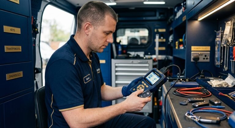 Technician Programming An Auto Transponder Key With A Handheld Transponder Programmer