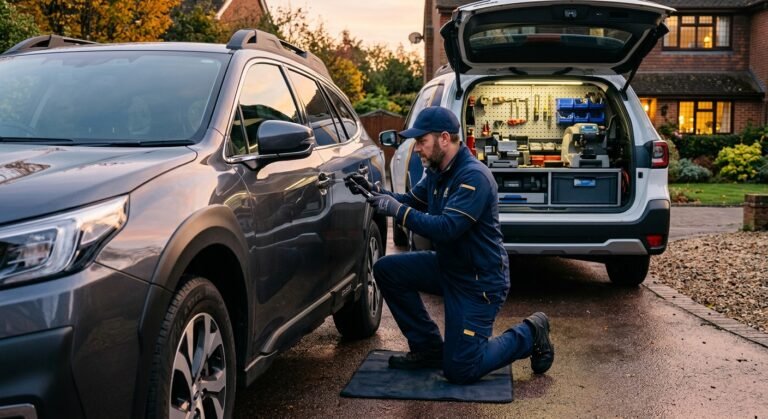 Mobile locksmith replacing an automotive car key next to a professional service van in Dallas
