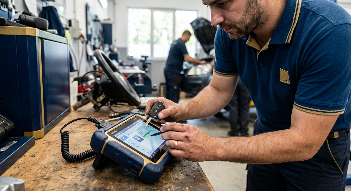 Technician programming a transponder key with a portable diagnostic tool