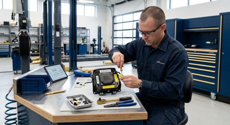 Technician inspecting an SRS airbag module on a workbench — airbag module reuse and reset service
