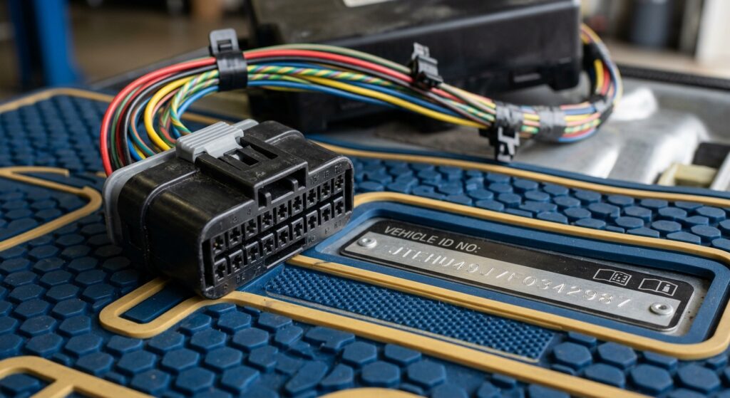 Close-up of airbag module connector and VIN label before mail-in reset