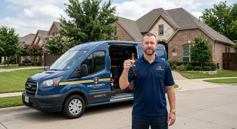Mobile locksmith holding a newly cut car key and key fob for a McKinney customer