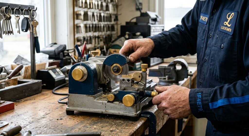 Locksmith cutting a car key on a portable key machine