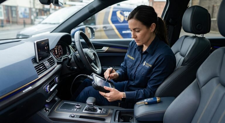 Locksmith programming a car transponder key inside a vehicle interior