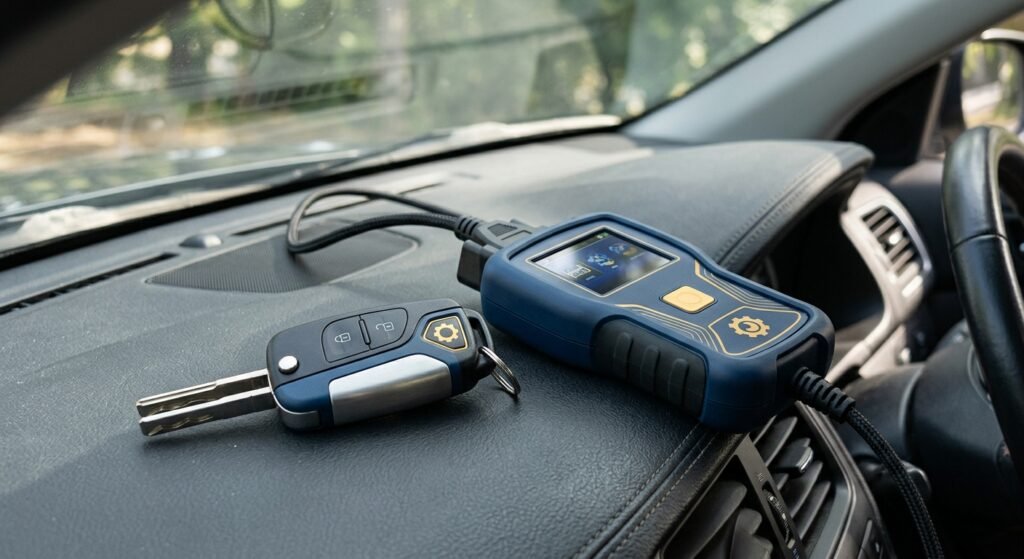 Transponder key next to a programming tool on a car dashboard