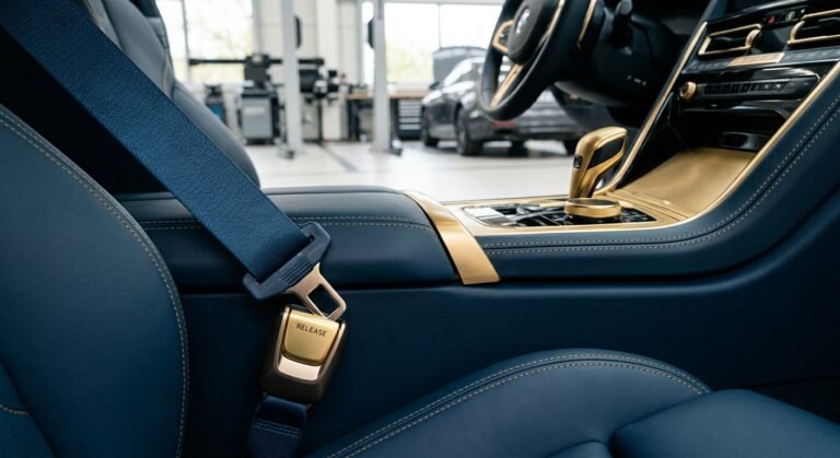 Close-up car seat belt buckle and dashboard, safety inspection context.