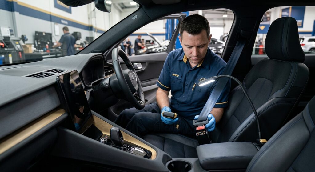 Technician inspecting a car seat belt buckle and connector under the seat.