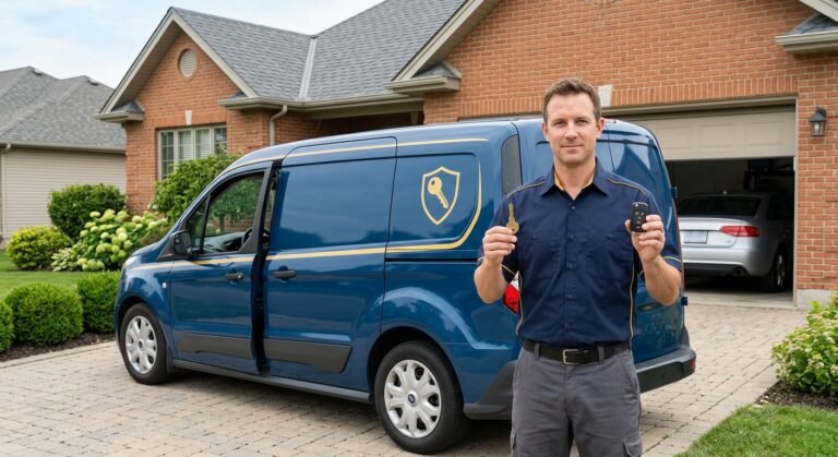 Technician holding a newly cut car spare key and key fob next to a locksmith van