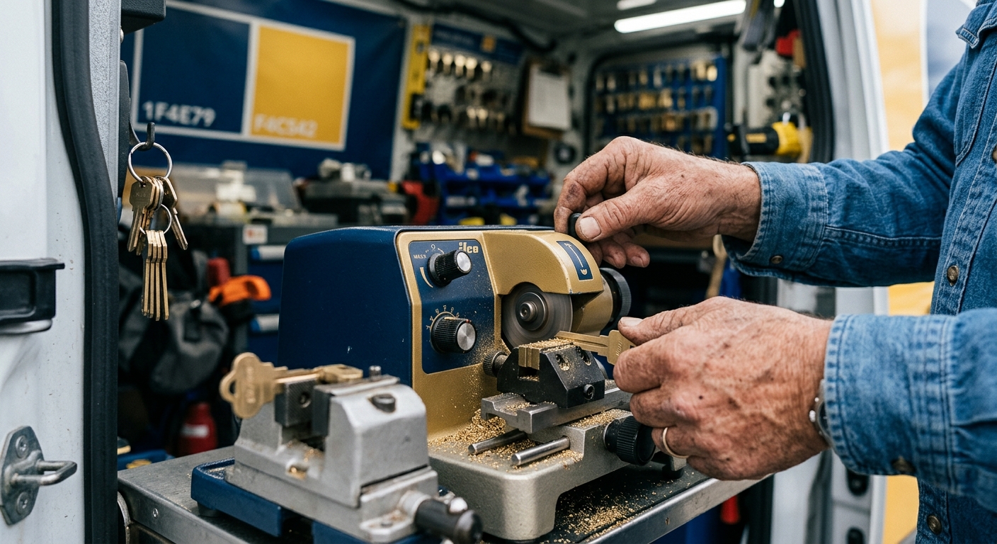 Close-up of key-cutting machine cutting a car spare key blank