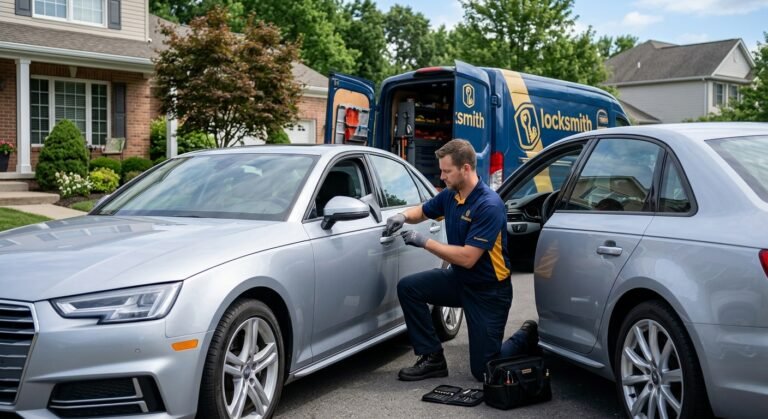 Mobile locksmith unlocking a car door after keys locked in car in Frisco