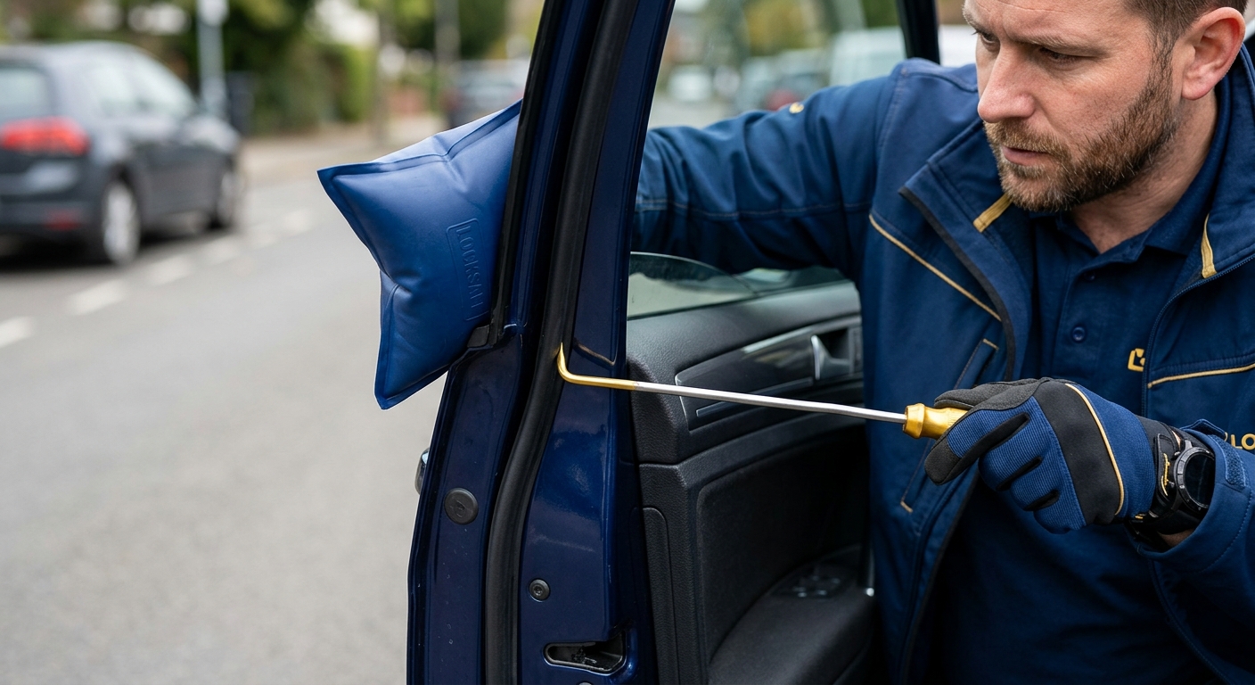 Locksmith using air wedge and long-reach tool to open a car door without damaging it