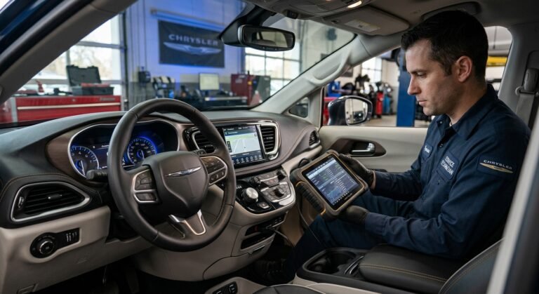 Chrysler dashboard and technician diagnosing immobilizer code B2799 with a scan tool