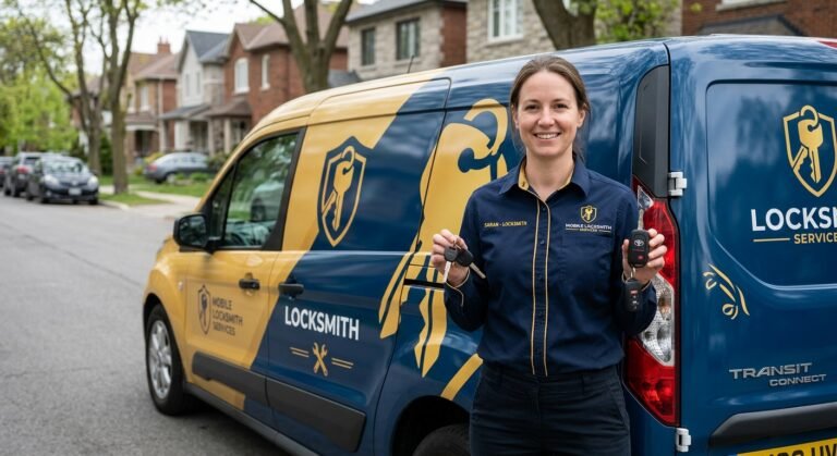 Mobile locksmith holding duplicated car keys and a fob beside service van illustrating duplicate car key service