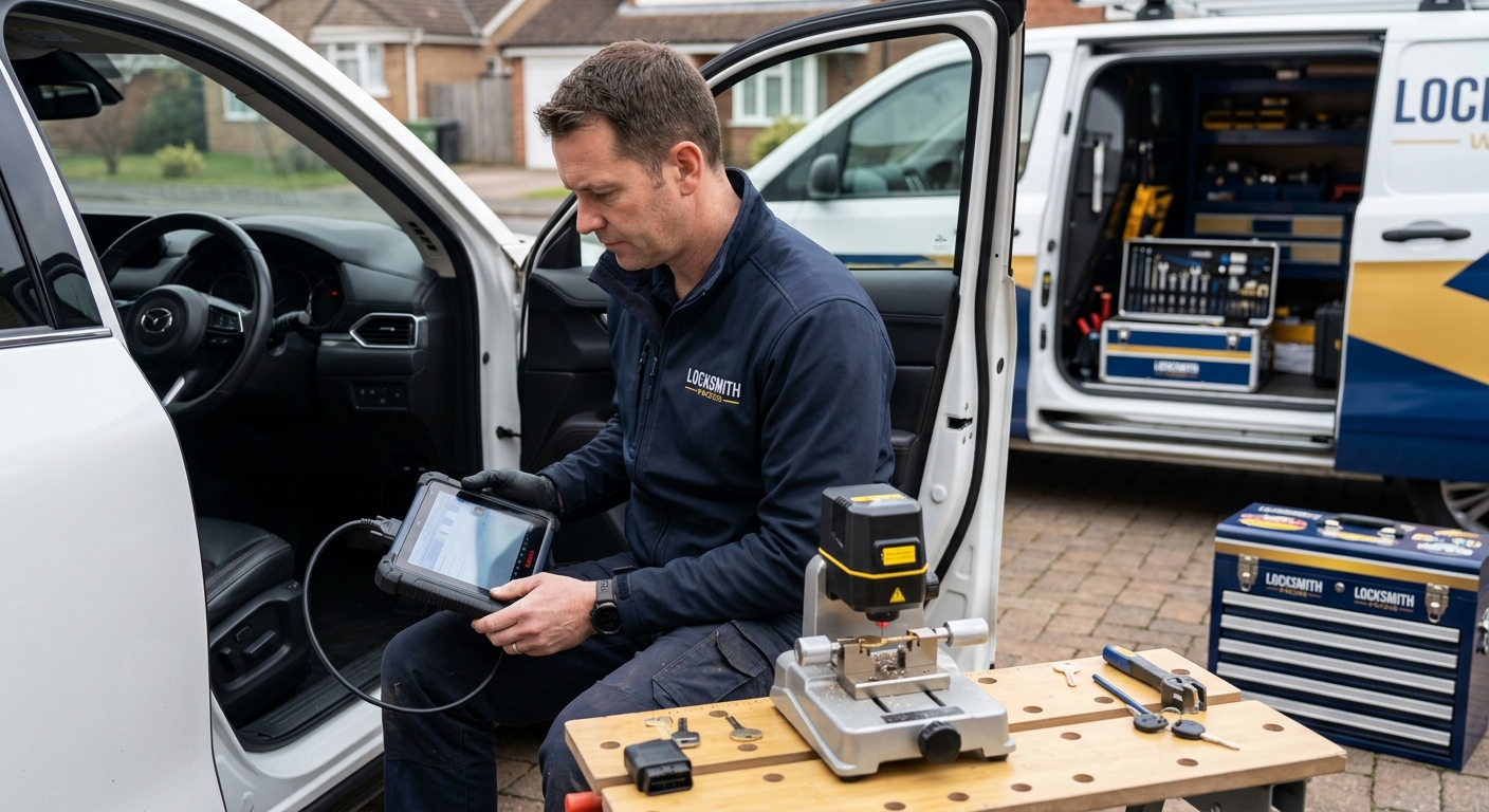 Technician cutting a key and using a tablet to program it via the vehicle OBD-II port