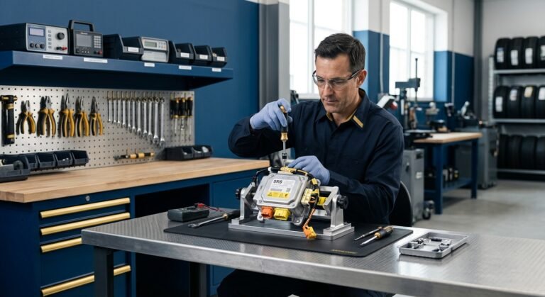 Technician performing crash data deletion and airbag computer reset on an SRS module