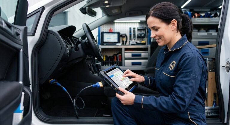 Technician using a diagnostic car computer scanner on a vehicle's OBD-II port.