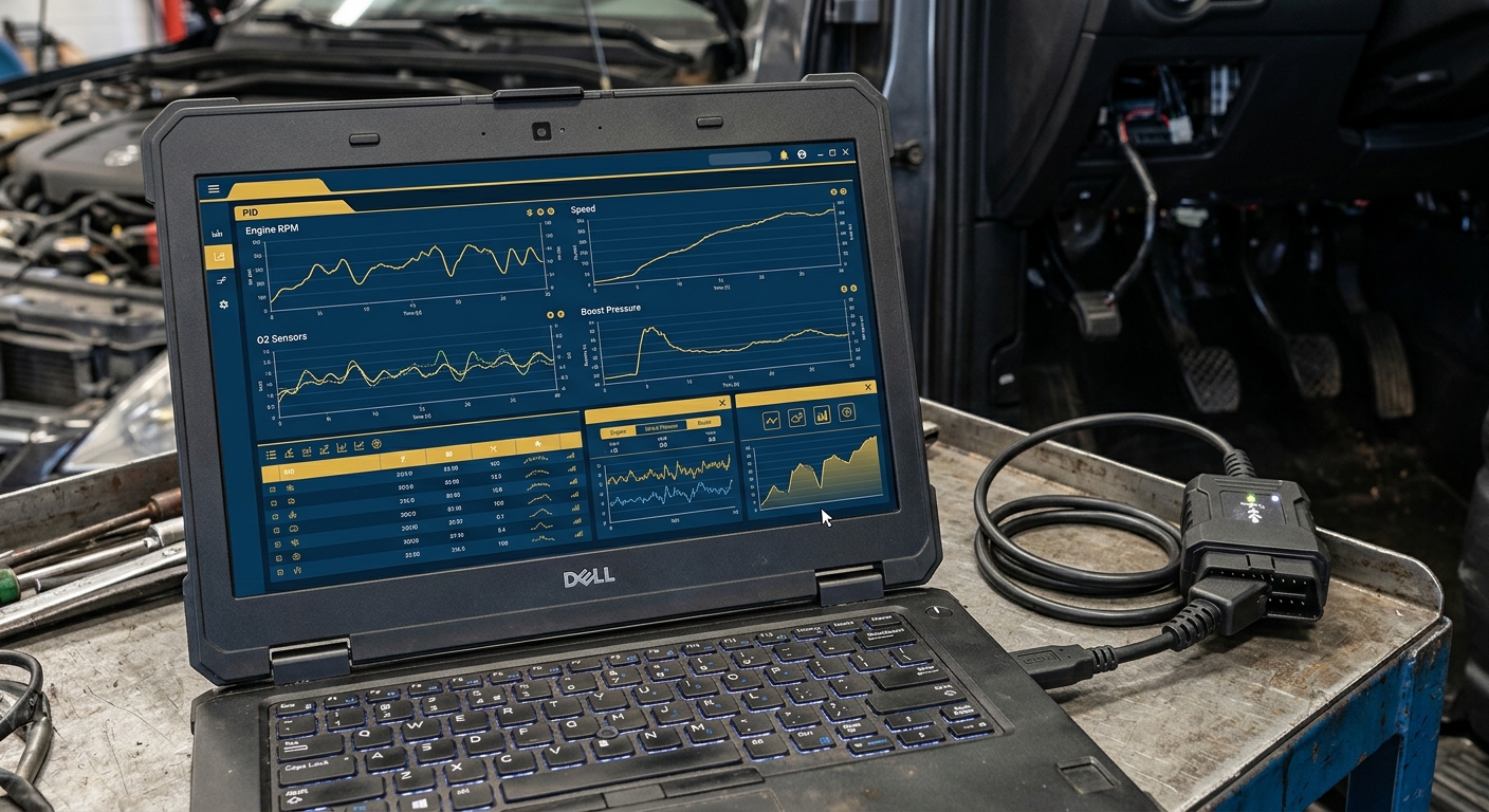 Laptop showing car computer diagnostic software with live data graphs.