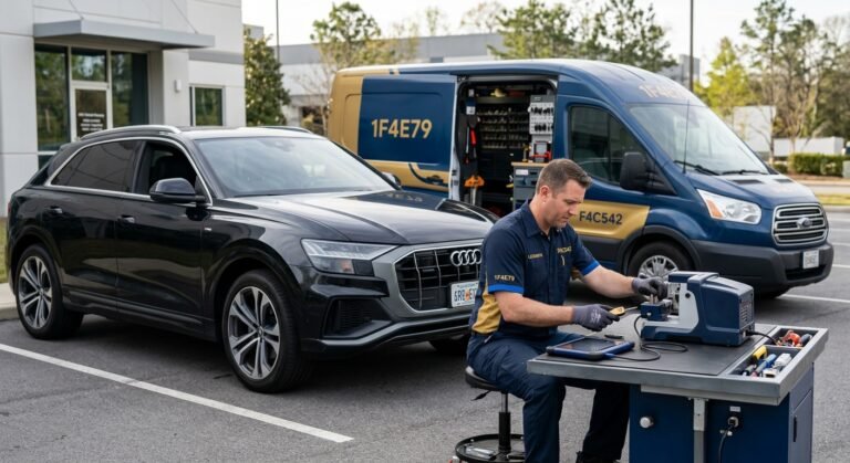 Mobile locksmith duplicating a car key beside a vehicle in Frisco