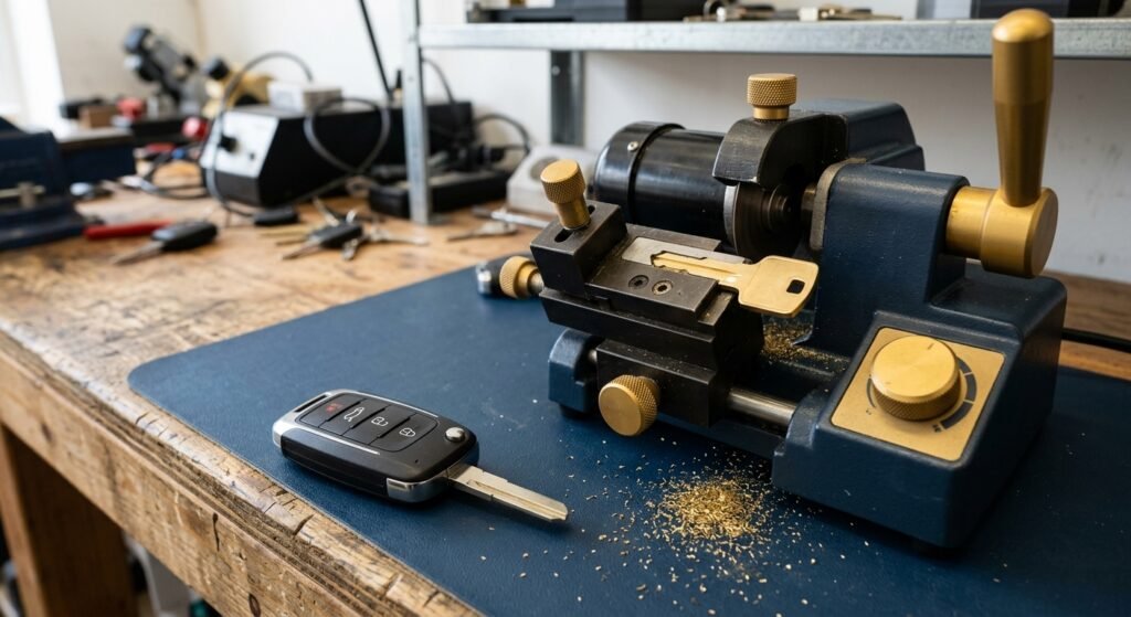 Close-up of a car key fob and key-cutting machine while duplicating a key