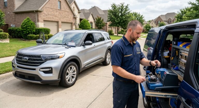 Mobile locksmith duplicating a car key on-site in McKinney next to a modern vehicle