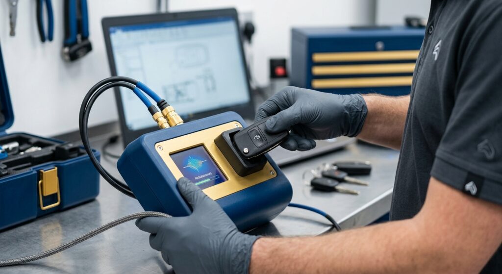 Technician programming a transponder car key with diagnostic tool