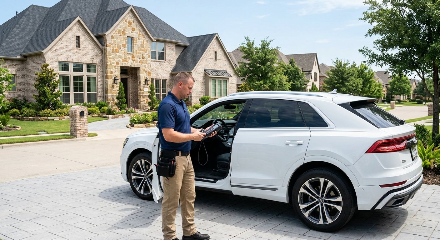 Mobile auto locksmith programming a car key in a Frisco, TX driveway