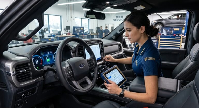 Technician diagnosing GMC U0155 IPC communication code with scan tool and instrument cluster
