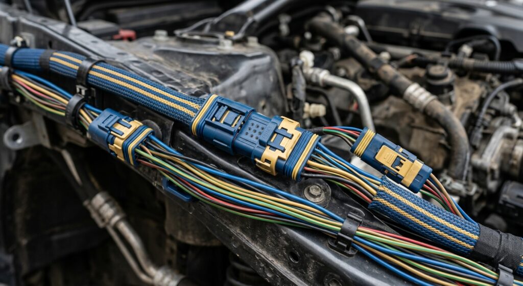 Close-up of CAN bus wiring harness and connectors relevant to U0155 diagnostics