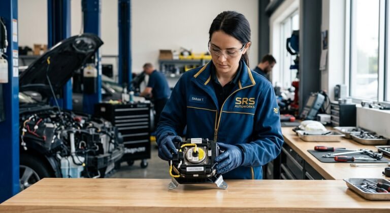 Technician holding an SRS airbag module ready for mail-in reset service.