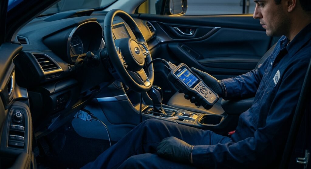 Technician using an OEM diagnostic tool to reset an airbag module in a vehicle.