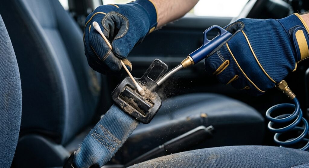 Close-up of a seat belt buckle being cleaned with compressed air and a cotton swab.